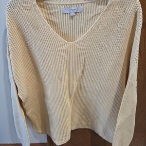 LOFT Light Cream V-Neck Ribbed Sweater